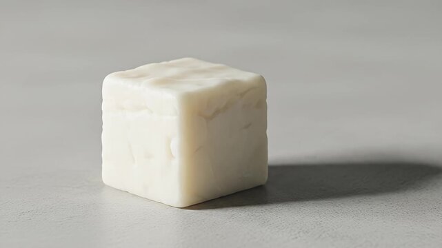 Off-white textured cube sits on a muted surface, casting a dark shadow to the right