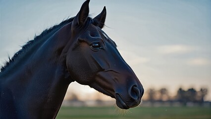 Fototapeta premium Black horse head portrait at sunset light