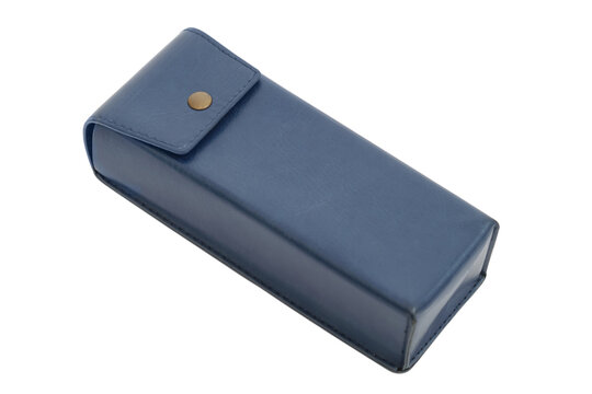 Blue leather glasses case on isolated transparent background. Protective hard box for eyewear storage. Accessory for travel with stylish fastener. Eyeglass container for daily maintenance use.