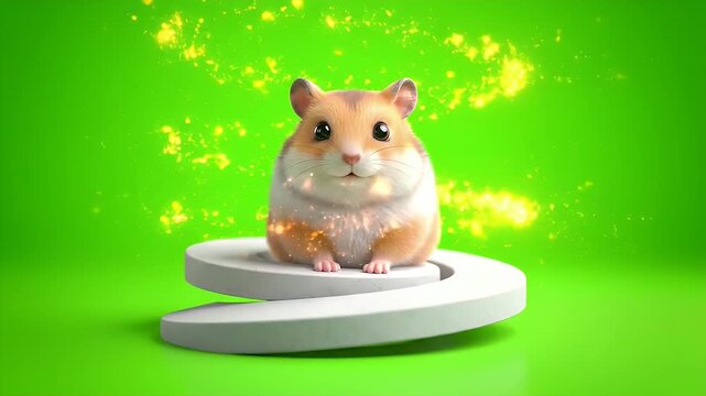 Adorable Golden Hamster Sits on a White Spiral Platform Surrounded by Sparkling Golden Glitter Against a Vibrant Green Screen