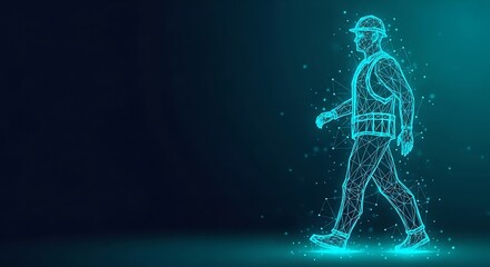 Low poly neon blue man walking illustration abstract futuristic technology connection wireframe silhouette movement progress. low poly. happy labour day, & international worker's day 4K