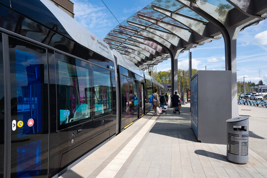 Tram station Luxembourg, free of charge modern transportation, tramway in the city, infrastructure Kirchberg quarter