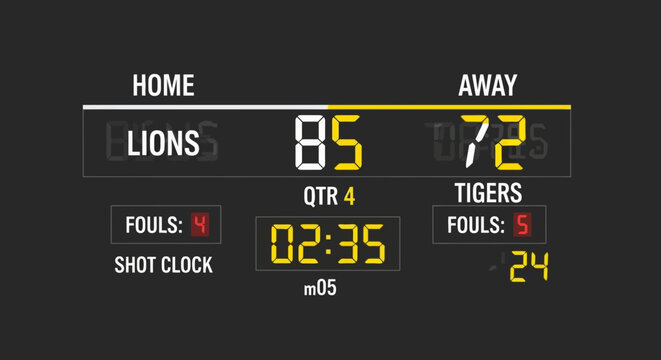 Lions versus Tigers basketball game scoreboard showing 85 to 72 in fourth quarter with fouls and shot clock display for stock illustration