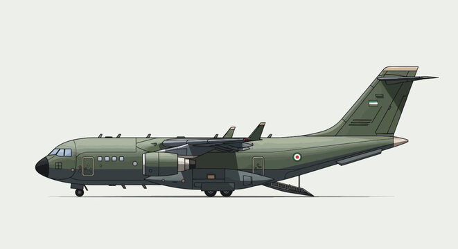 Military Transport Aircraft Illustration in Olive Green Livery with Open Ramp Pixel Art Style Plane Design Side View