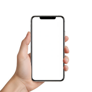 Hand holding a smartphone with a smiley face notification displayed on the screen isolated on transparent background,png,PNG,Png
