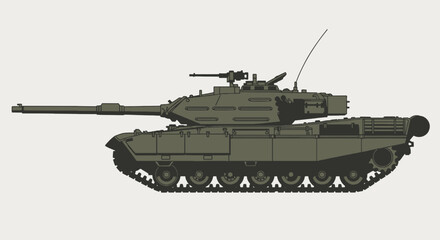 Obraz premium Vector illustration of a powerful olive drab main battle tank with long gun and heavy treads viewed in profile on light backdrop