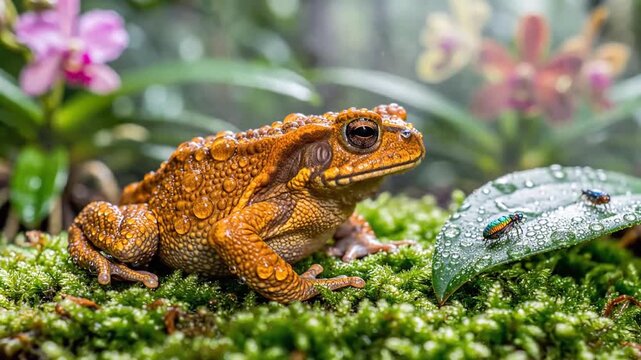 Extinct animal, a rare orange toad sitting on green moss next to a leaf.
