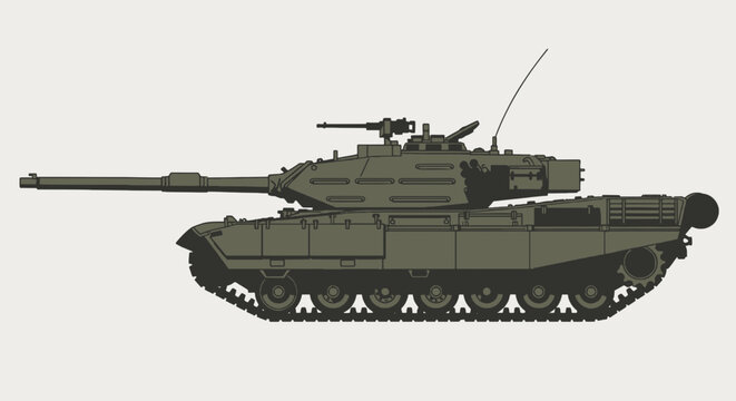 Vector illustration of a powerful olive drab main battle tank with long gun and heavy treads viewed in profile on light backdrop
