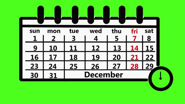 video animation icon of an calendar almanac with a clock moving the clockhands, drawn in black and white. On a green chroma key background.4k animation video