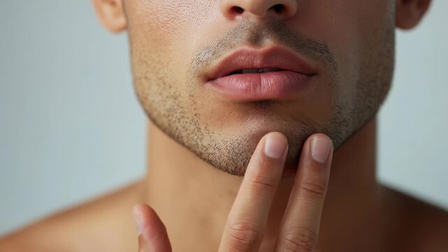 Close-up portrait of a mid-adult Hispanic man performing jaw relaxation exercises, mouth gently open, fingertips lightly touching jaw muscles