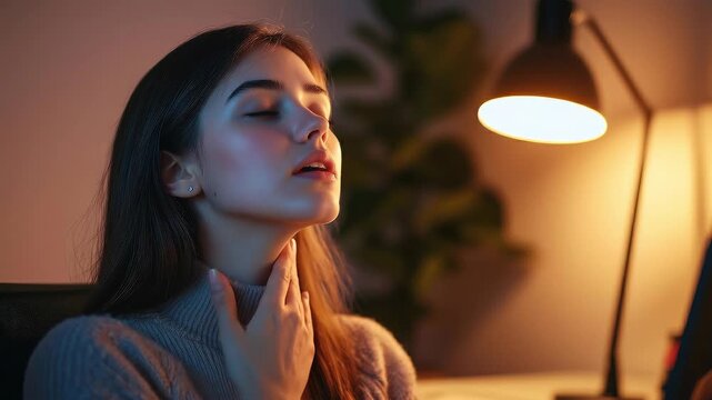 Young woman in a modern speech therapy office practicing soft voice onset, eyes closed, hand on throat.
