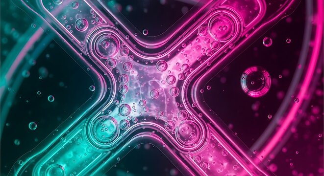 Microfluidic laboratory chip with pink and teal neon liquid flow and bubbles in a high resolution premium commercial medical research photograph