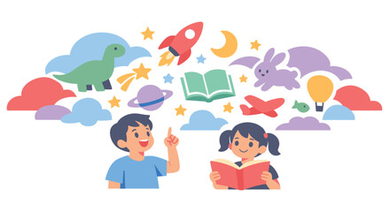 Children reading book together while imagination world floats above them with dinosaur rocket planet rabbit and book. Illustration of education and creativity in flat vector style for kids. © Akter