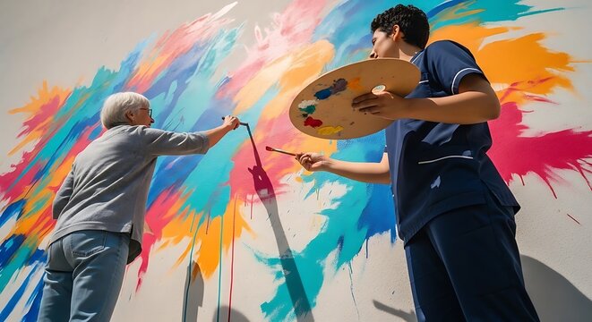 Senior woman and caregiver painting colorful mural on outdoor wall in sunlight as part of creative therapy and geriatric care mental wellness program
