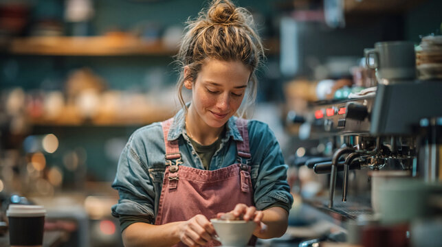 コーヒーショップで一杯を仕上げる女性バリスタの作業シーン、エスプレッソマシンとカップを扱う繊細な動きと静かな店内の空気感が魅力的な接客業イメージの高品質写真素材