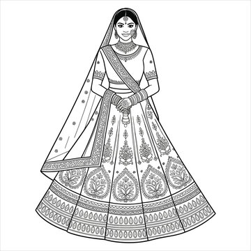 Line of an indian bride in traditional lehenga choli