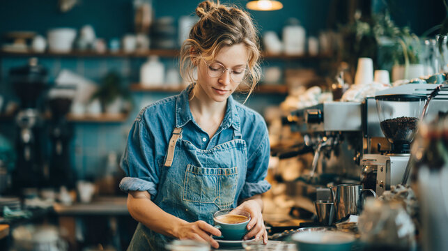 カフェで丁寧にコーヒーを淹れる女性バリスタの仕事風景、落ち着いた店内でエスプレッソマシンを扱うプロフェッショナルな手元と集中した表情が印象的な飲食業ライフスタイルの高品質写真素材