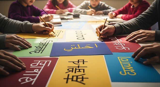 Diverse group of people learning multiple languages in a collaborative classroom setting.