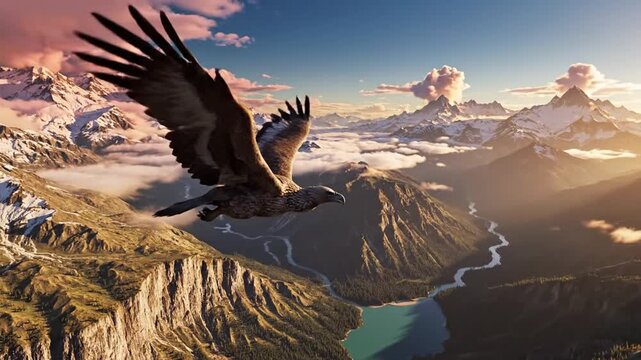 A cinematic depiction of an extinct animal soaring over a serene mountainous landscape with a river and snow-capped peaks at sunrise.
