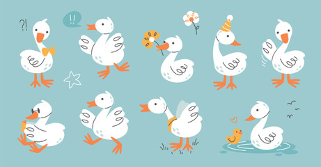 Cute goose mascot set with adorable geese characters in different poses, romantic and playful funny flat cartoon birds © Oksana Kabanchuk