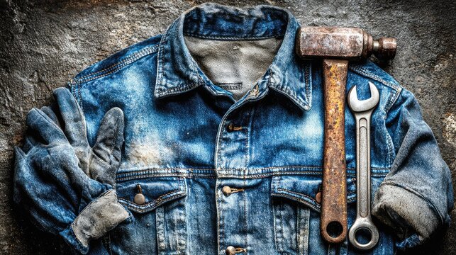 Rugged denim outerwear rests beside essential metal construction implements on a textured surface