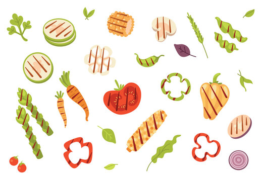 Barbecue grill with vegetables. BBQ set. Peppers with tomatoes, carrots, corn and greens, garlic, and eggplants.  Flat illustrations for summer picnic, cooking and culinary.