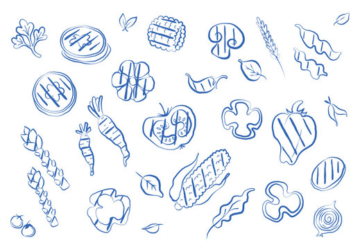 Doodle grill vegetables. Hand-drawn food sketch, design with Barbecue in whimsical scribble style. Peppers with tomatoes, carrots, corn and greens, garlic, and eggplants. Flat line graphic illustratio