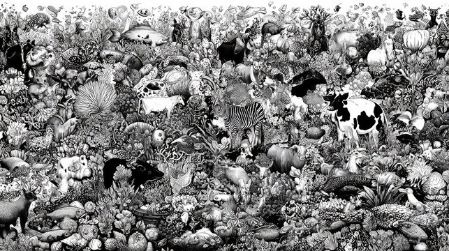 Intricate monochrome illustration depicts a dense composition of diverse flora and fauna across a vast landscape
