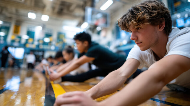 Group of students stretching on gym floor before class in a bright high school pe setting for fitness warmup background and athletic training preparation