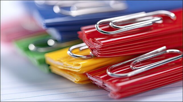 Stack of brightly colored paper binders held with shiny metal clips rests upon ruled paper.