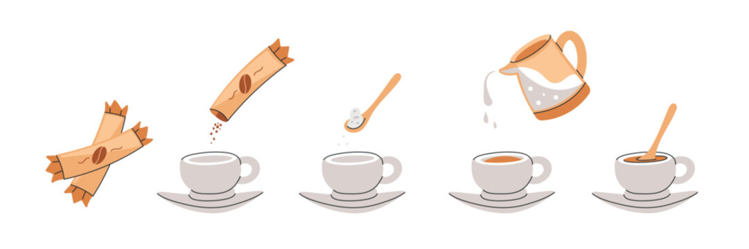 Coffee sticks. Step-by-step coffee making process. Guide how drink coffee. Tutorial cup of espresso in flat carton simple style.