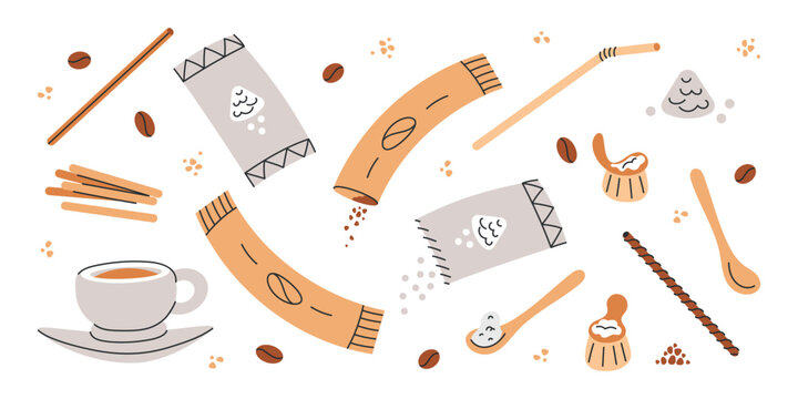 Coffee break. Cafe items drink coffee. Wooden stirrers and coffee bags, sticks, sachets sugar, roasted coffee beans, spoons, cocktail straw, cream, bunch of wooden stirrers, coffee cup and portioned 