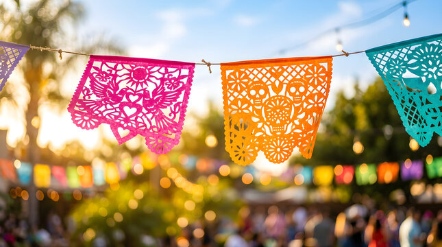 Vibrant papel picado banners hanging outdoors at festive event