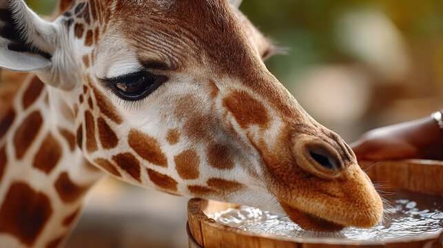 Close up giraffe muzzle drinking from a bucket held by keeper for wildlife feeding scene and zoo education background
