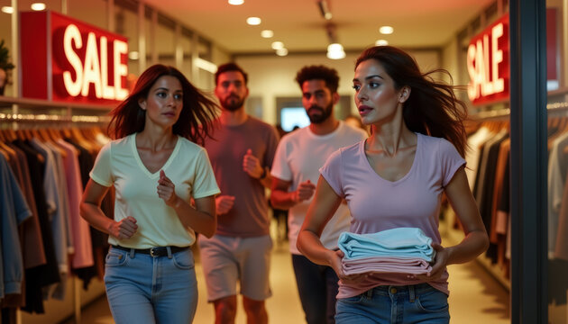Shoppers running through clothing store during sale rush carrying stacks of shirts for promotional banner and retail background