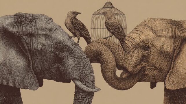Detailed illustration depicts two elephants interacting near a delicate cage with small birds perched nearby