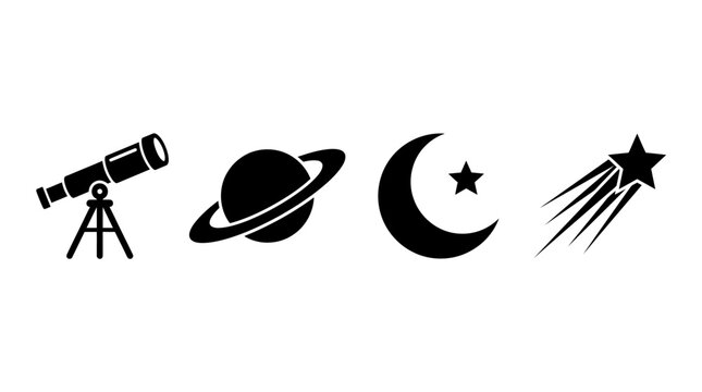 Black astronomy icons set with telescope, planet, moon, star and comet