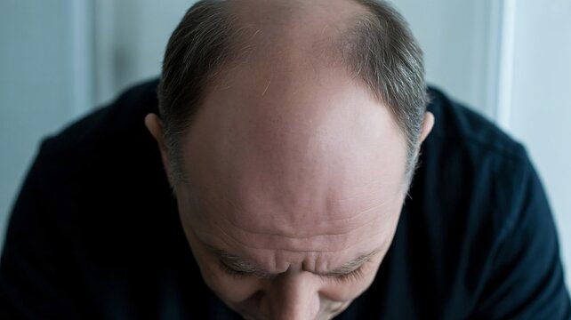 Sad man, depressed person, balding middle aged man, emotional face, mental health