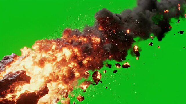 A large, dark asteroid dramatically explodes upon atmospheric entry, creating a fiery spectacle against a vibrant green screen background.