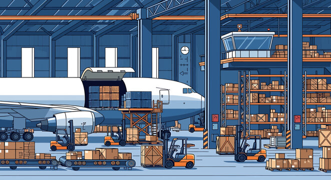 Airplane Cargo Loading Operations Warehouse Scene.