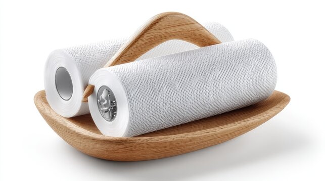 Two rolls of white absorbent material rest within a curved wooden caddy against a bright background.