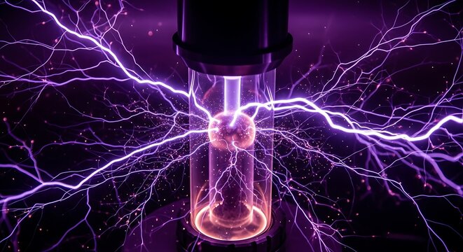 High voltage plasma discharge emits intense purple lightning bolts from a glass electrode chamber in a professional high resolution physics photograph