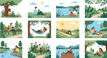 Flat vector illustration showing diverse people relaxing outside under trees on grass or benches reading literature. Sunny day atmosphere with green foliage park landscape and summer activities. © Akter