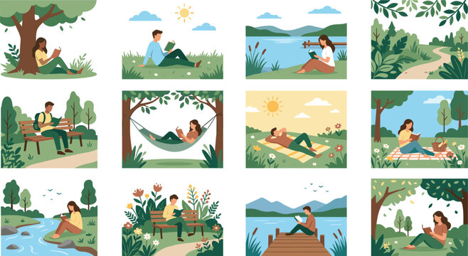 Flat vector illustration showing diverse people relaxing outside under trees on grass or benches reading literature. Sunny day atmosphere with green foliage park landscape and summer activities.