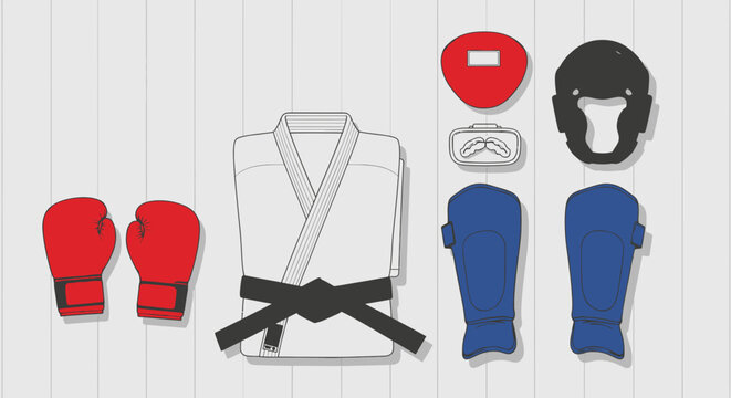 Martial arts gear including gi boxing gloves headgear and shin guards arranged in organized flat lay composition on a neutral backdrop