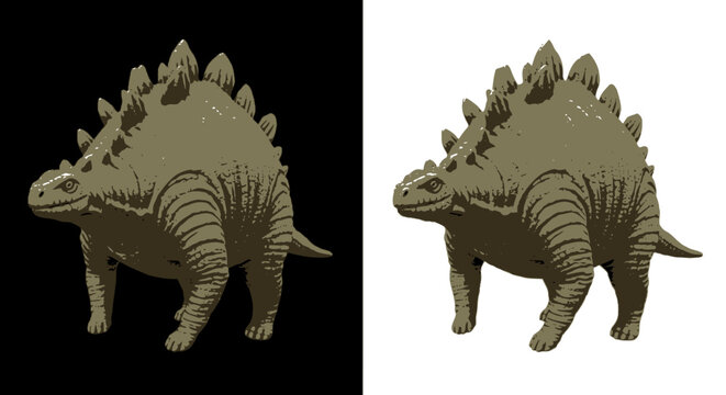 Stegosaurus dinosaur illustration detailed rough texture design Jurassic era reptile with plates isolated on split black and white background
