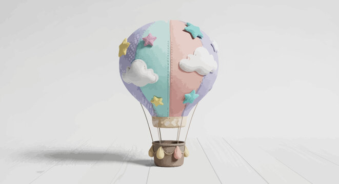 Whimsical hot air balloon illustration with pastel colors clouds and stars against a dreamy skyscape backdrop in cartoon style
