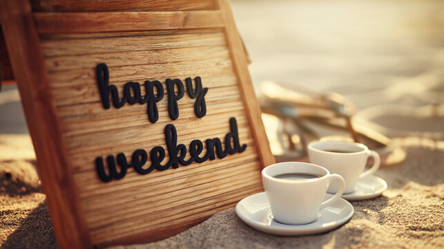 A wooden sign with happy weekend message next to coffee cups on beach