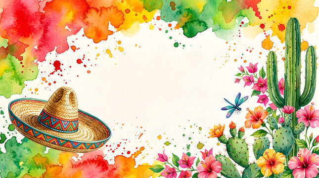 Vibrant Mexican themed border with sombrero, cactus, and flowers