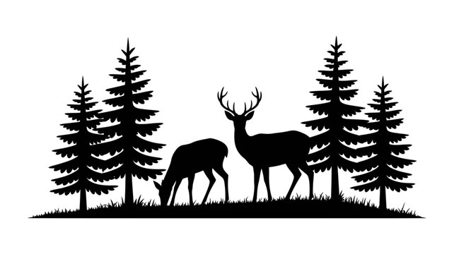 Vector of two deer standing in a forest surrounded by tall pine trees.